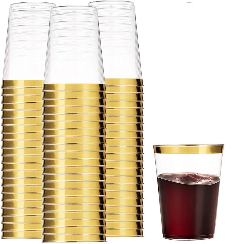 Munfix Gold Plastic Cups - 12 Oz Clear Tumblers with Gold Rim - Elegant Disposable Wedding & Party Cups - Image 1